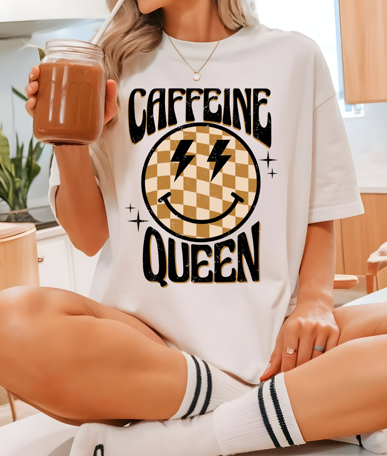 Checkered Caffeine Queen DTF Transfer