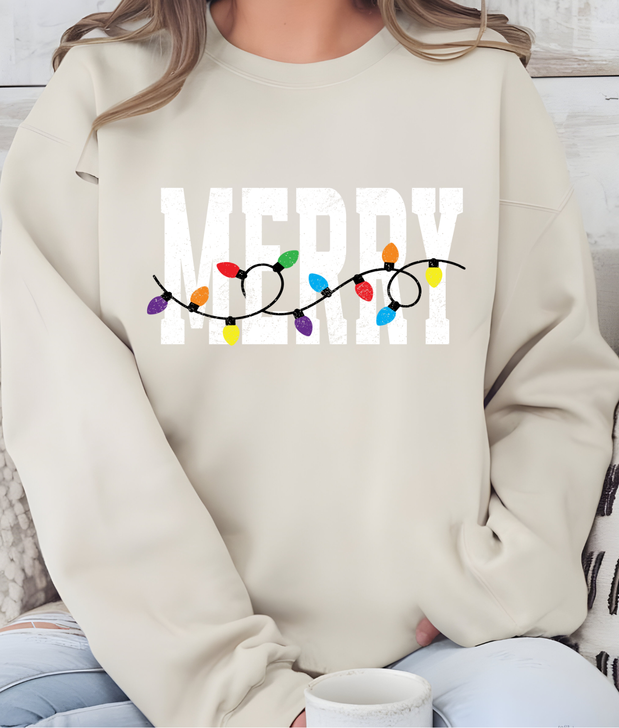 Distressed Merry with Lights DTF Transfer
