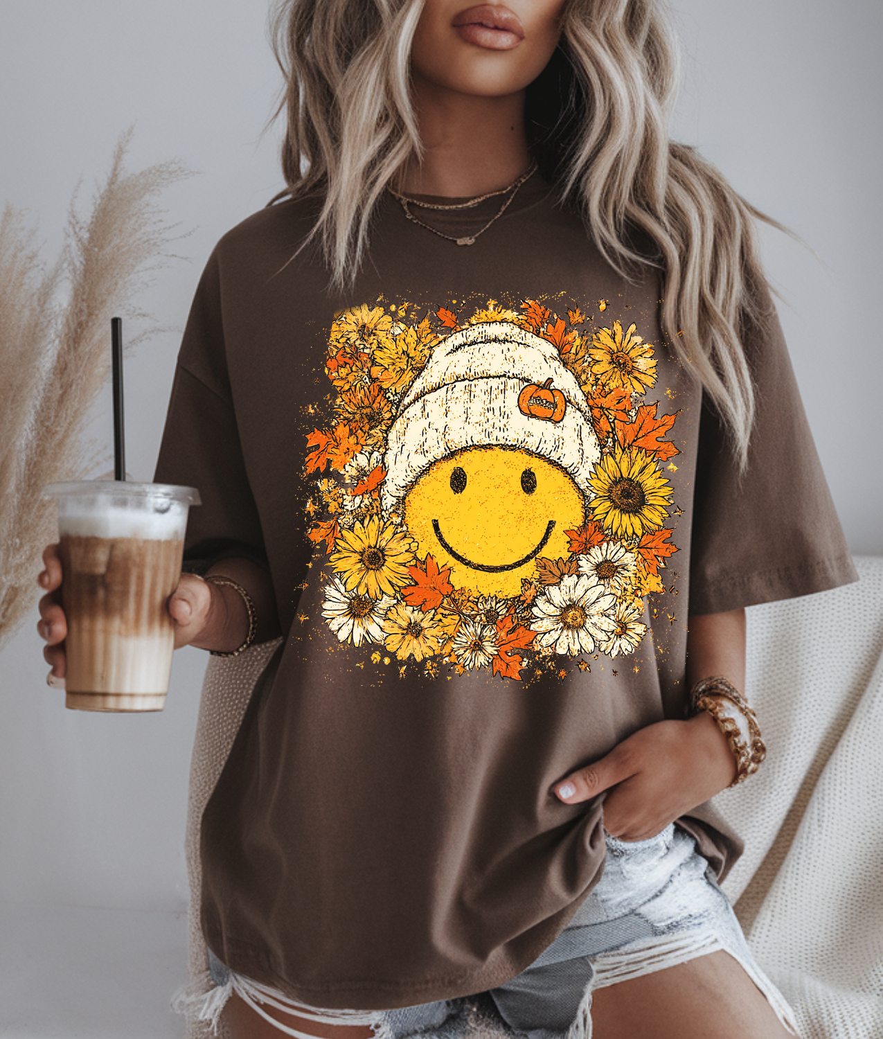 Fall Floral Happy Face DTF Transfer