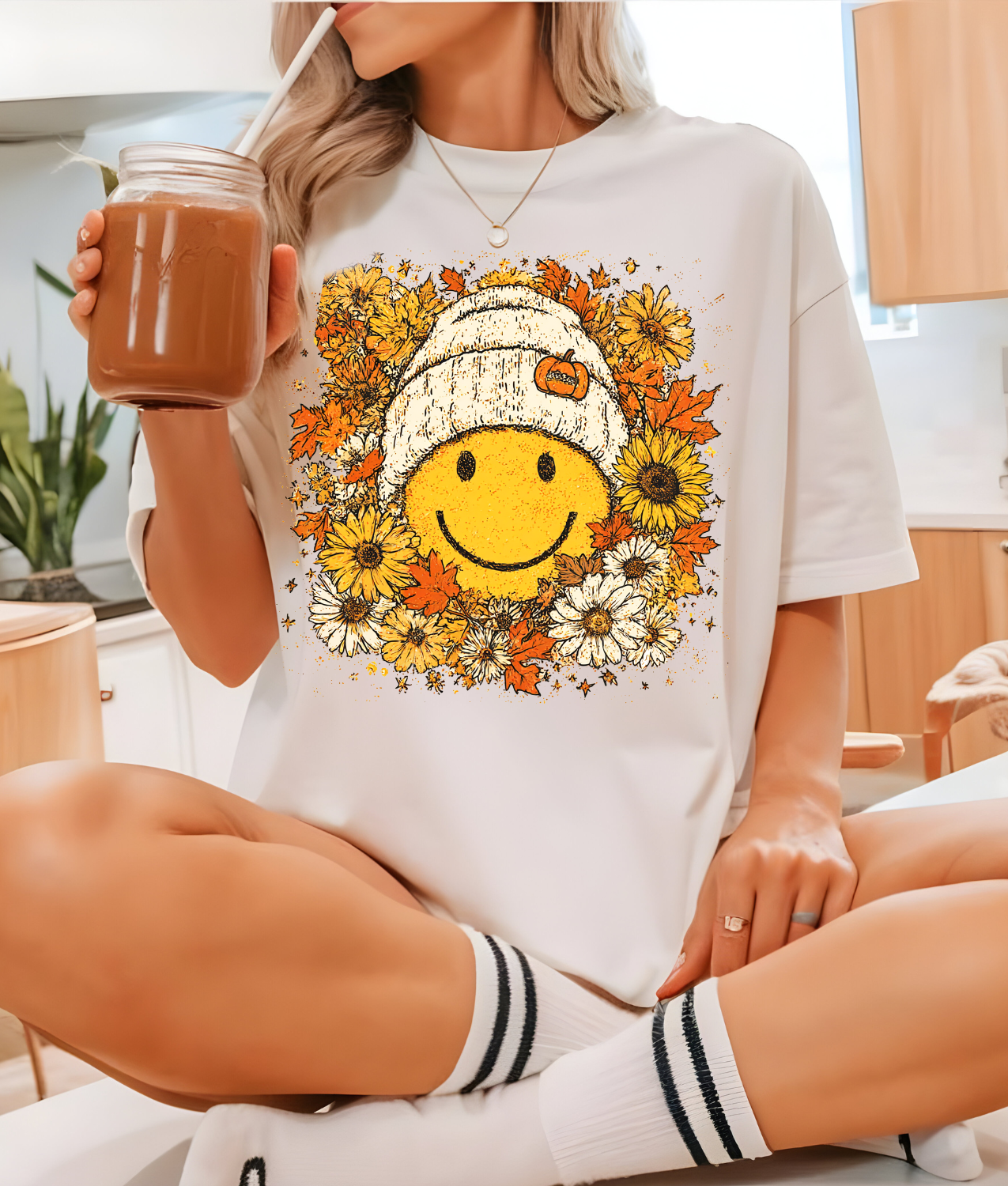 Fall Floral Happy Face DTF Transfer
