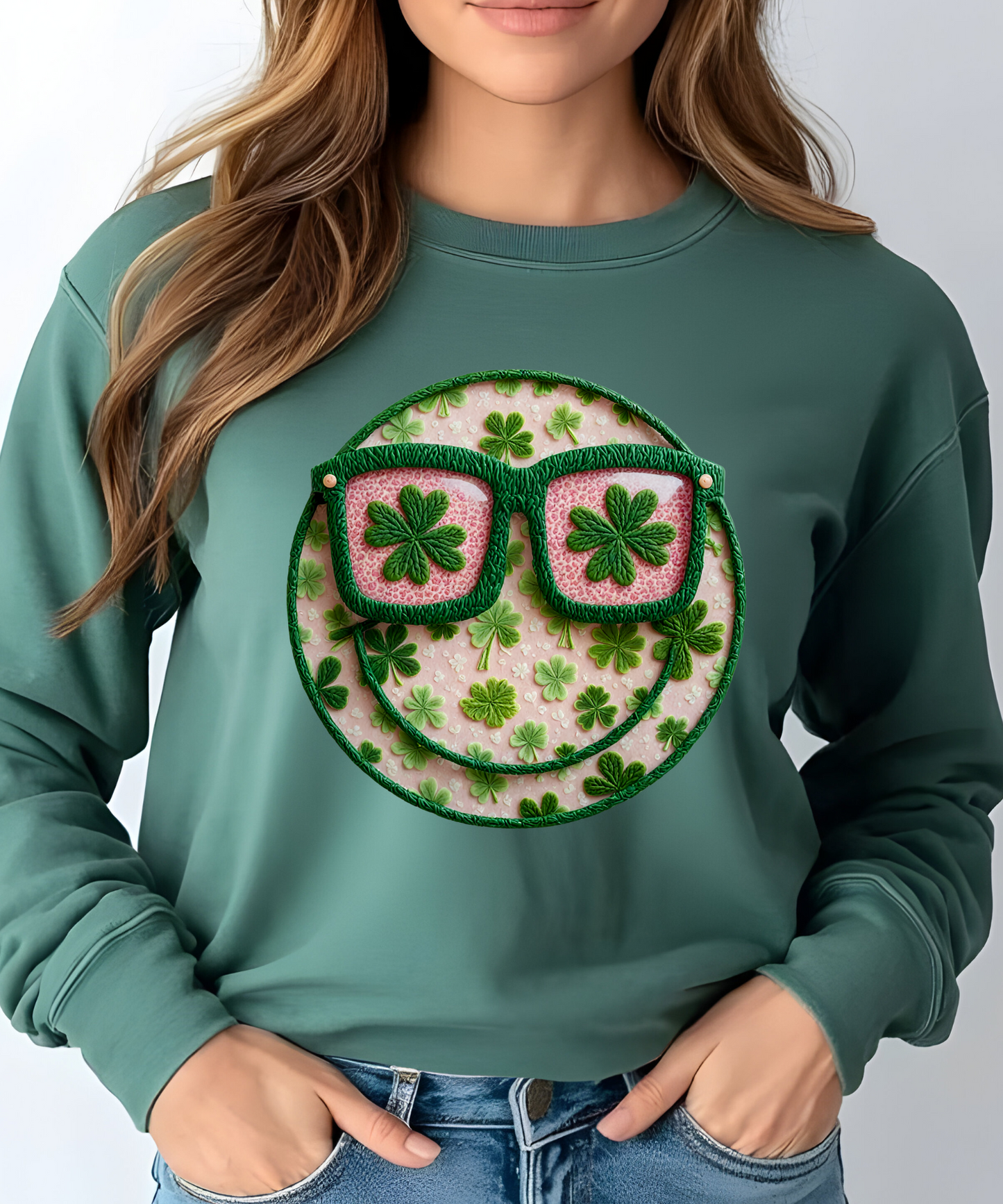 Faux Embroidery Shamrock Smiley DTF