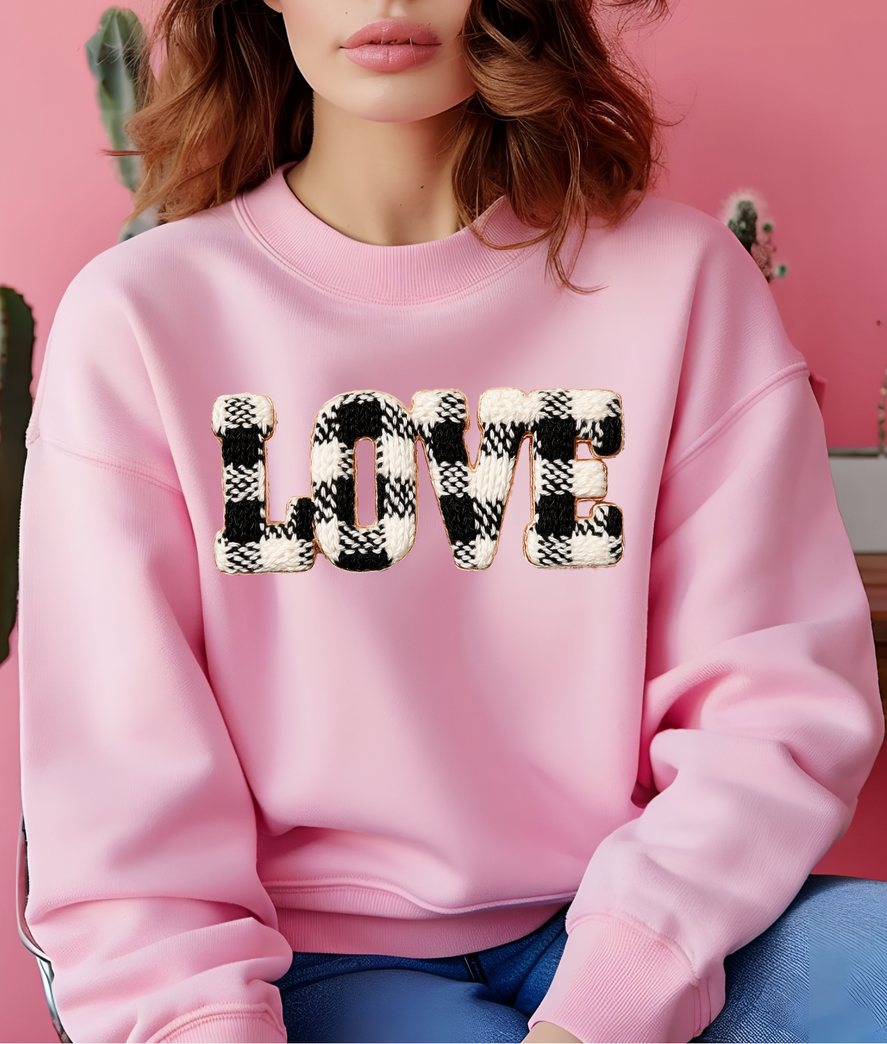 Faux Yarn Black and White Flannel Love DTF Transfer