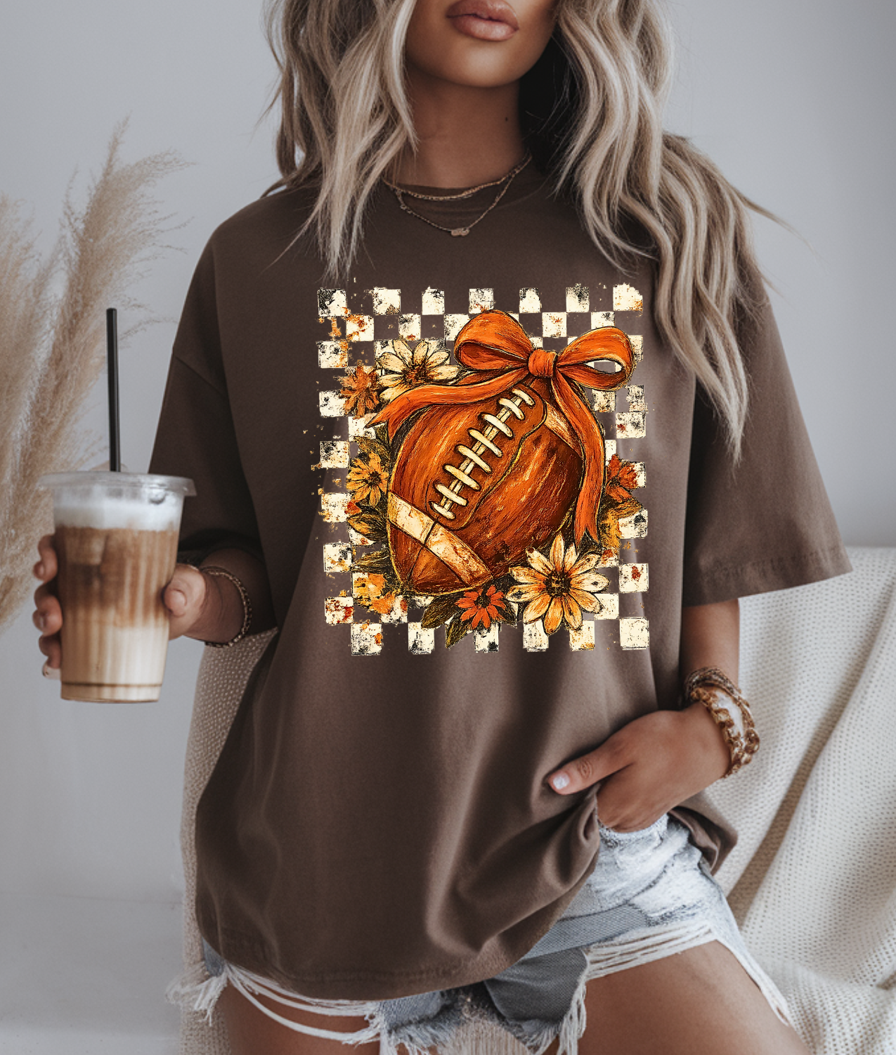 Floral Checkered Football DTF Transfer