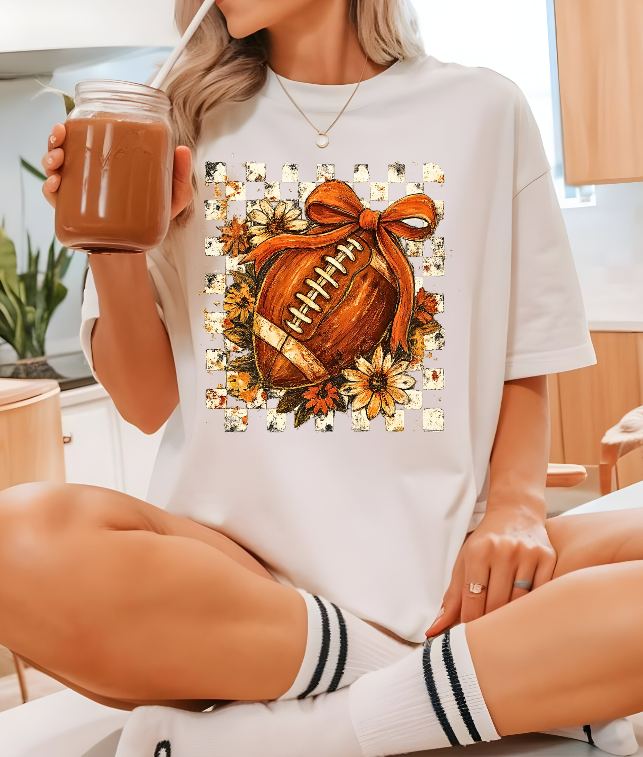 Floral Checkered Football DTF Transfer