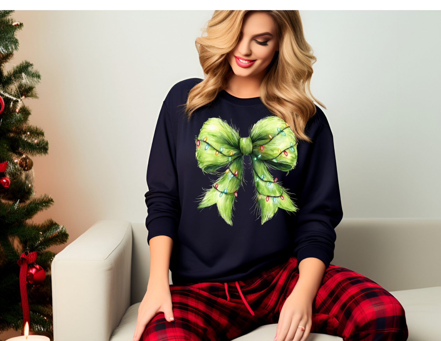 Green Christmas Lights Bow DTF