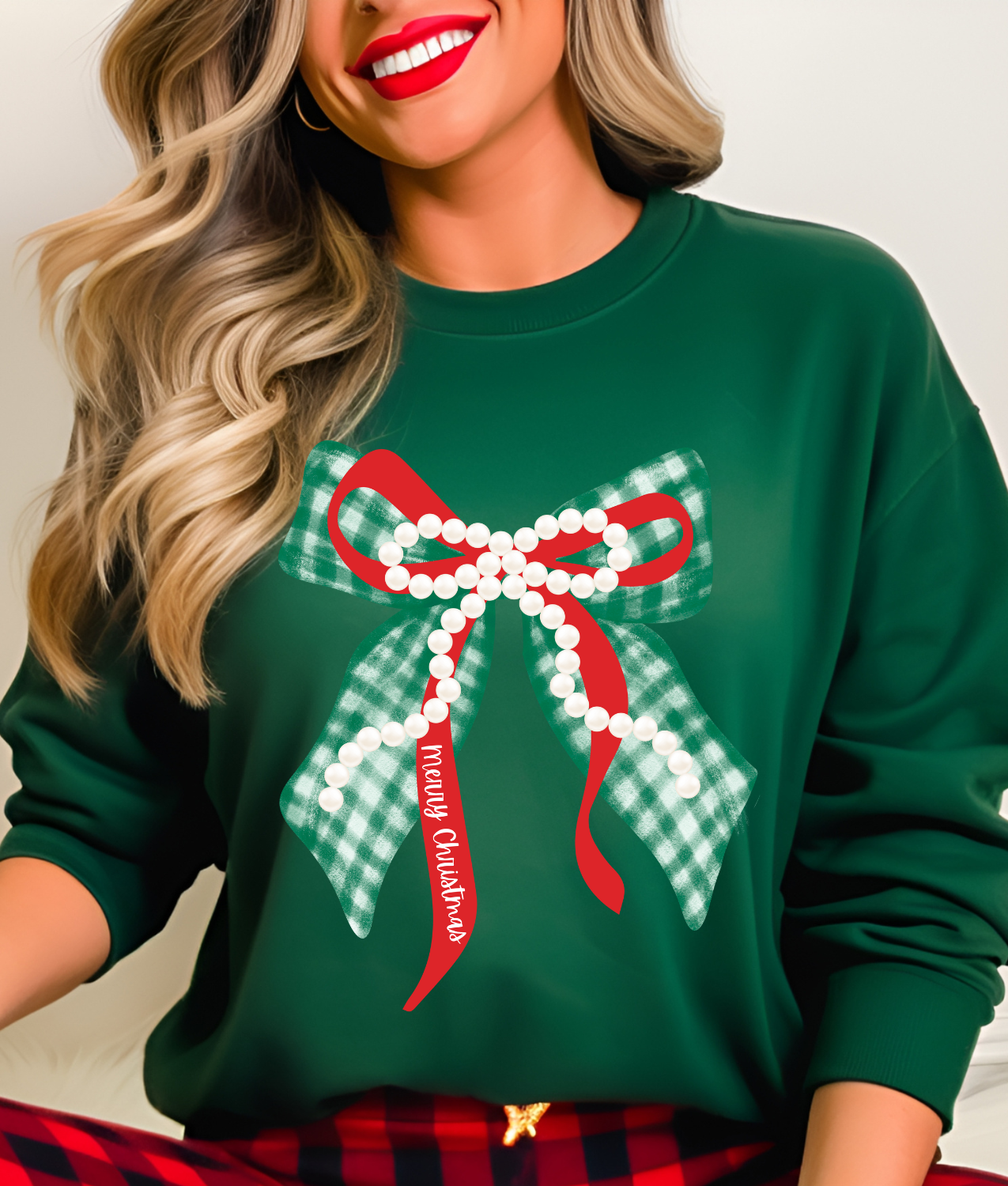 Green and Red Christmas Bow with Pearls DTF Transfer