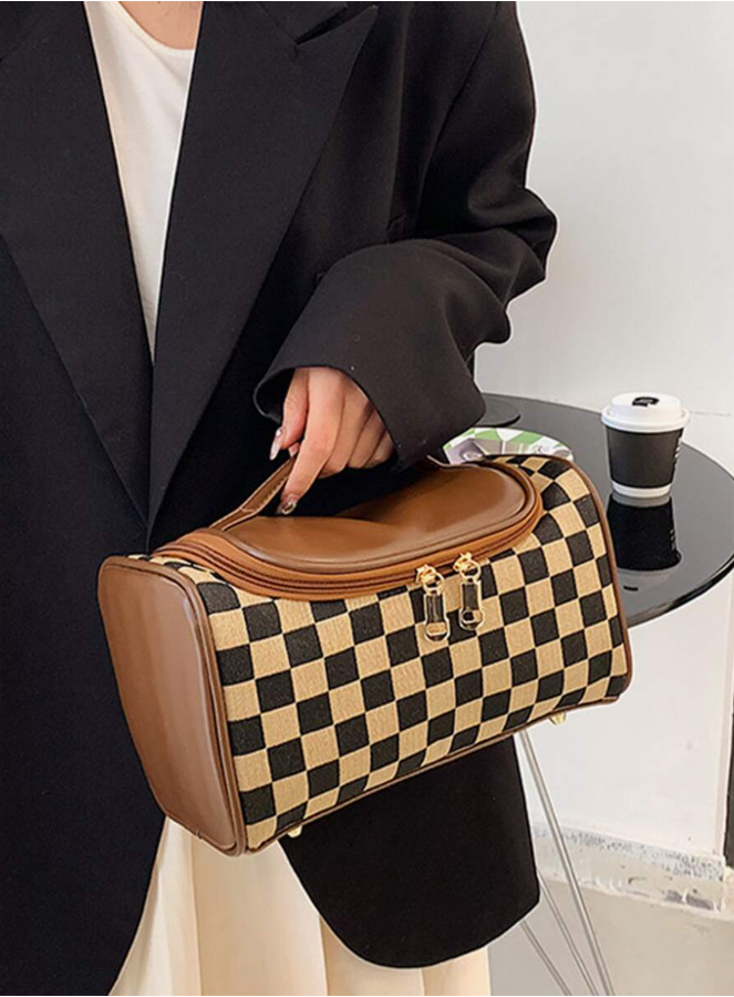 Large Brown Checkered Travel Toiletry Case