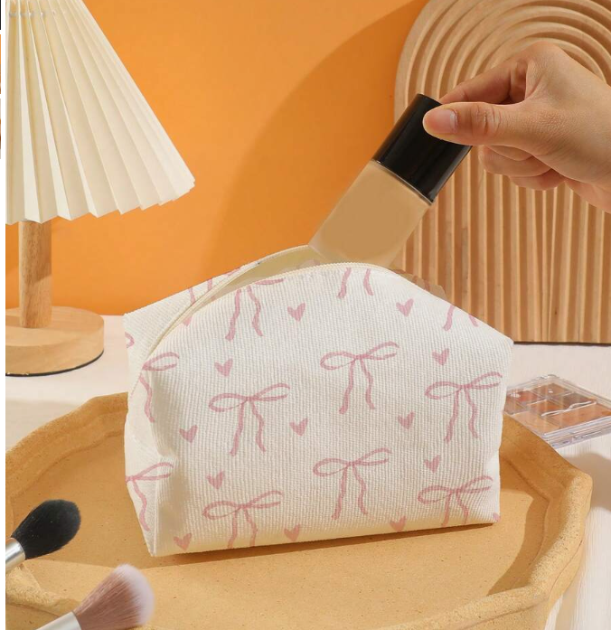 White Bow Hearts Makeup Travel Pouch