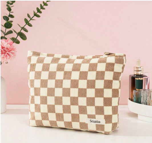 Brown Checkered Makeup Travel Bag