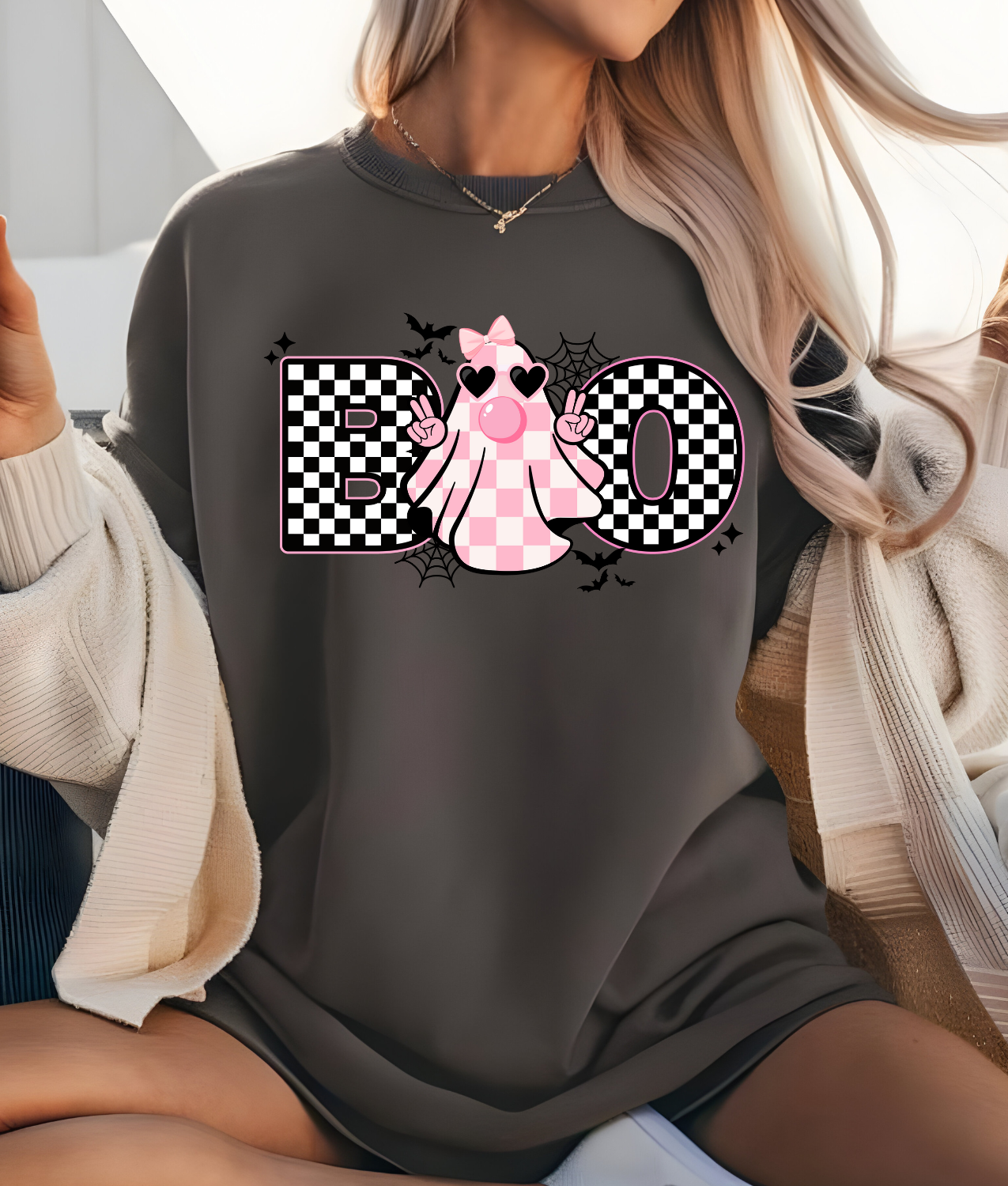 Checkered Boo Ghost DTF Transfer