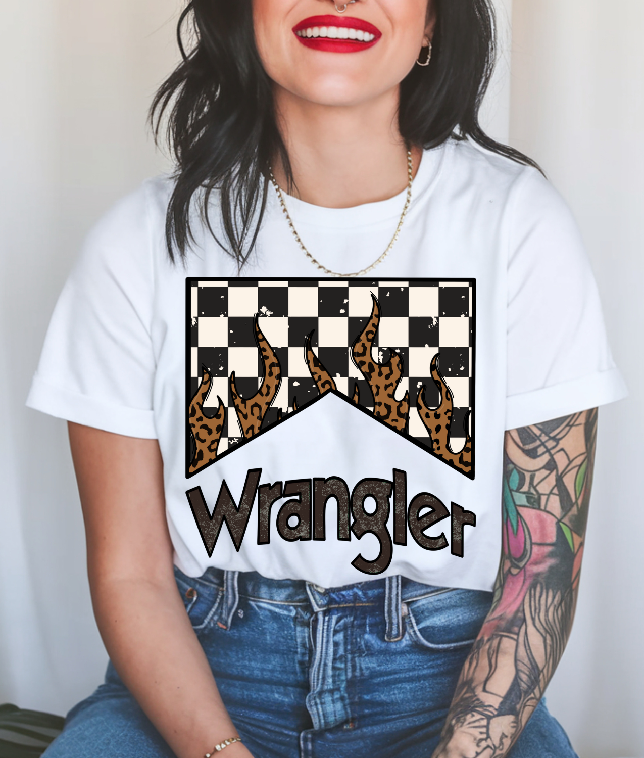 Checkered Leopard Print Wrangler DTF Transfer