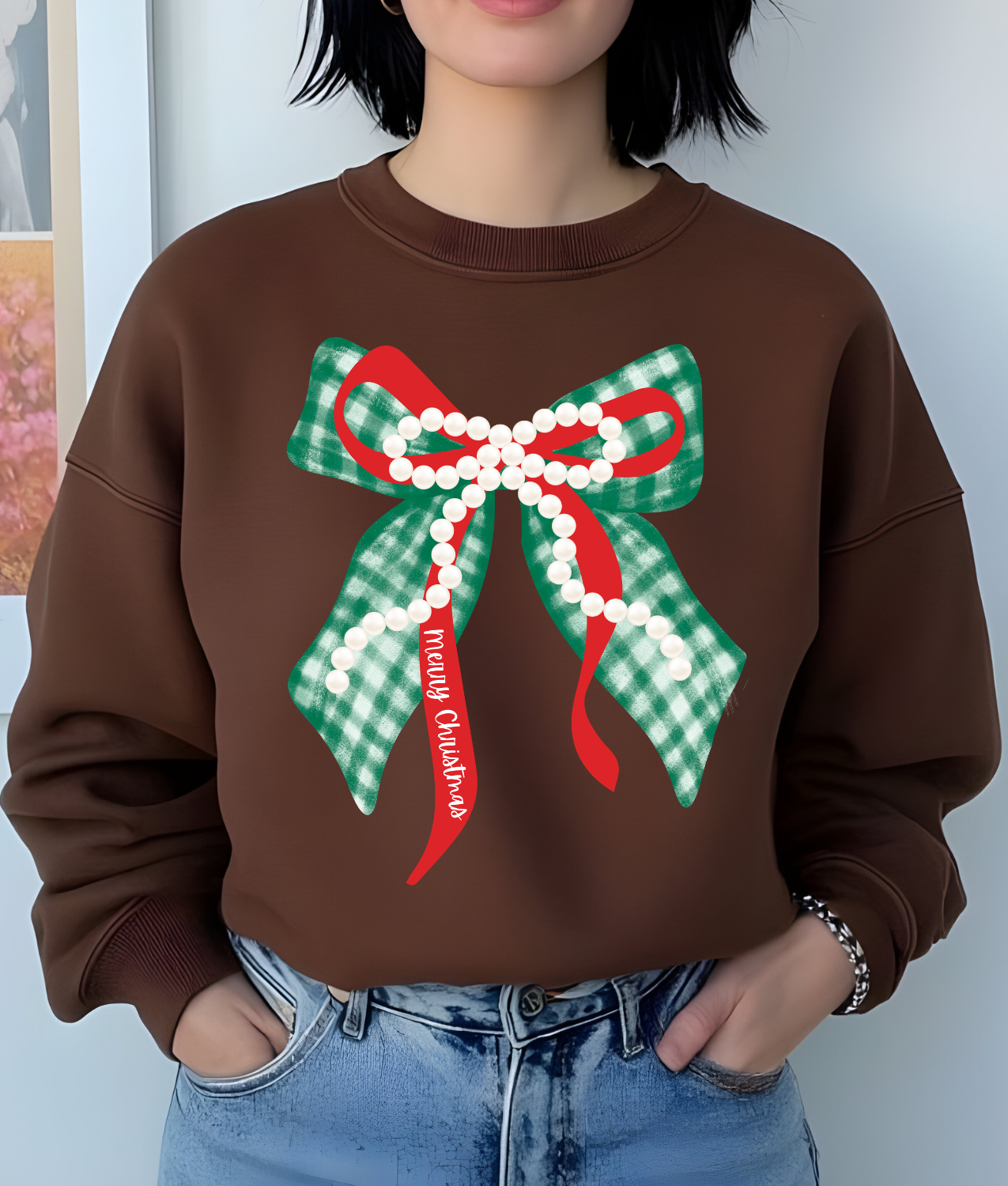 Green and Red Christmas Bow with Pearls DTF Transfer