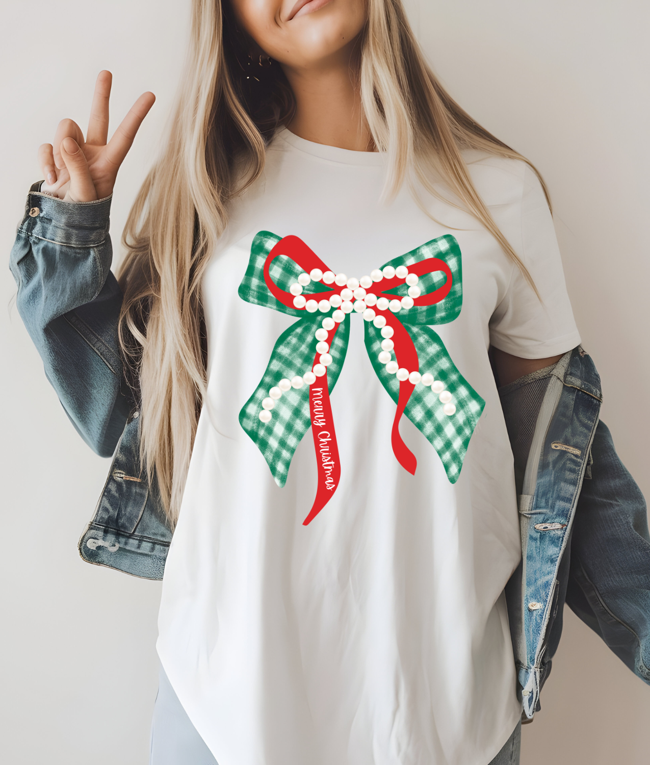 Green and Red Christmas Bow with Pearls DTF Transfer