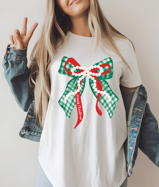 Green and Red Christmas Bow with Pearls DTF Transfer