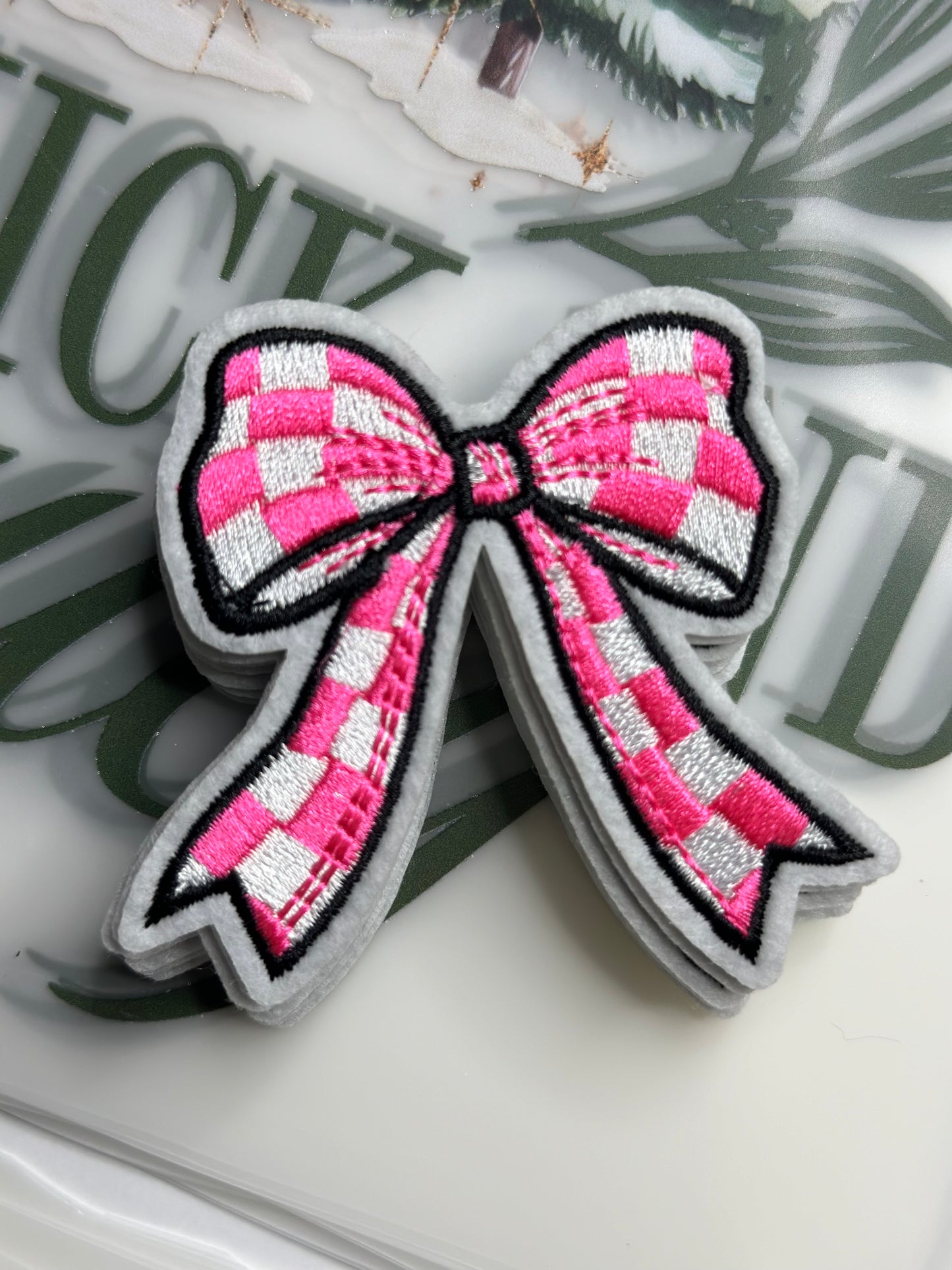 Pink Checkered Bow Small Embroidered Patch