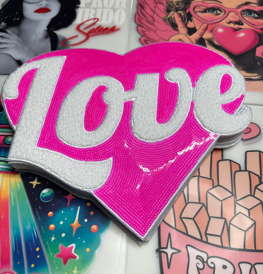 Hot Pink Love Heart Sequin & Chenille Patch