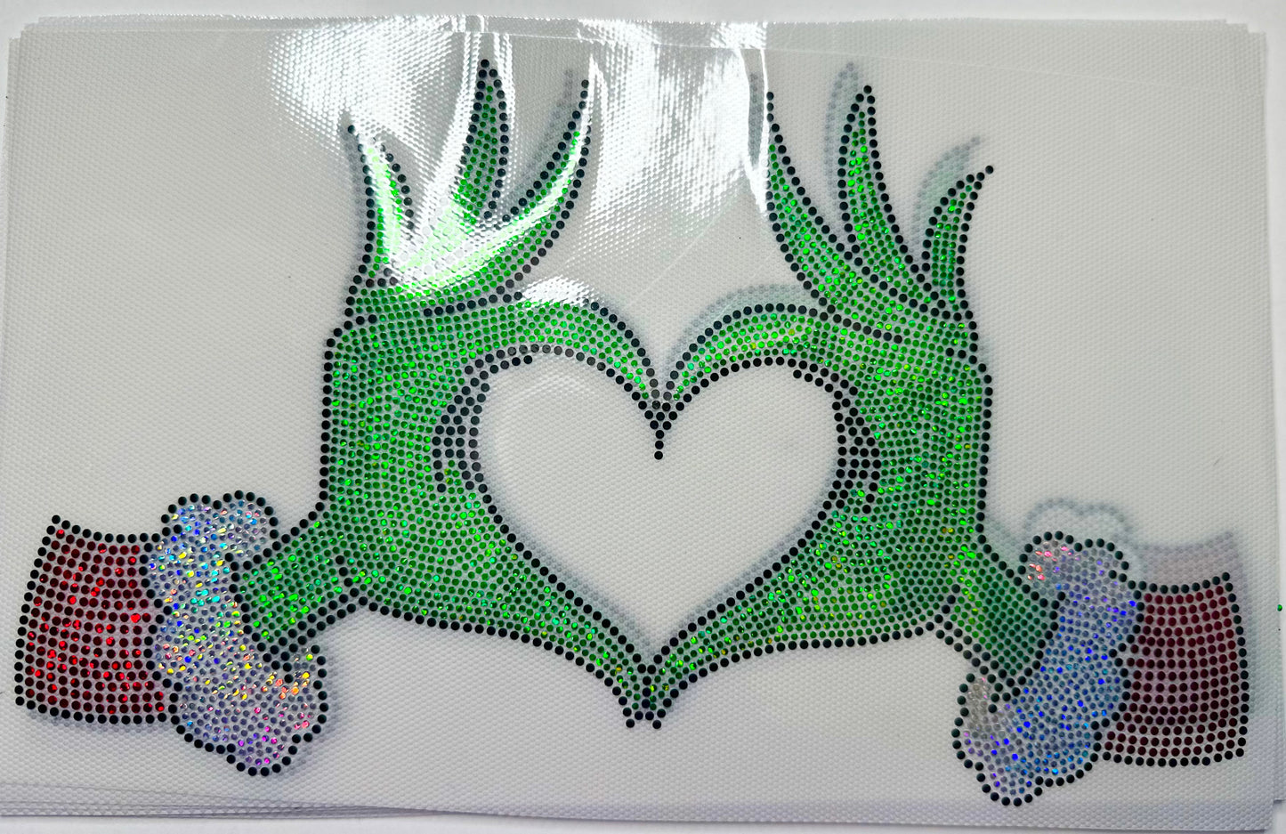 Iridescent Green Man Christmas Heart Hand Spangle Transfer