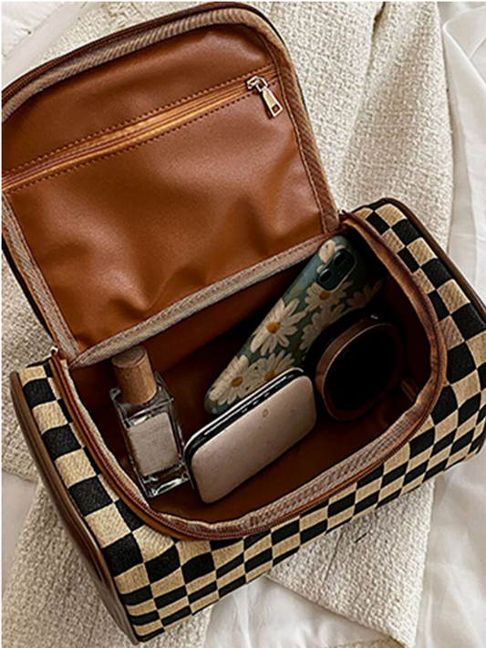 Large Brown Checkered Travel Toiletry Case