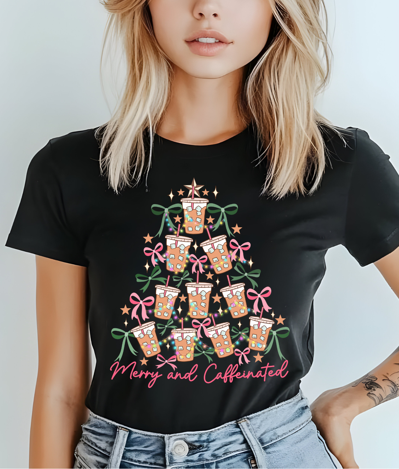 Merry and Caffeinated Bow Tree DTF Transfer