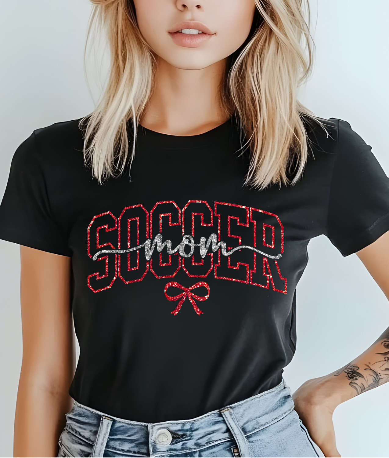 Soccer Mom Bow - Faux Red Silver Glitter DTF Transfer